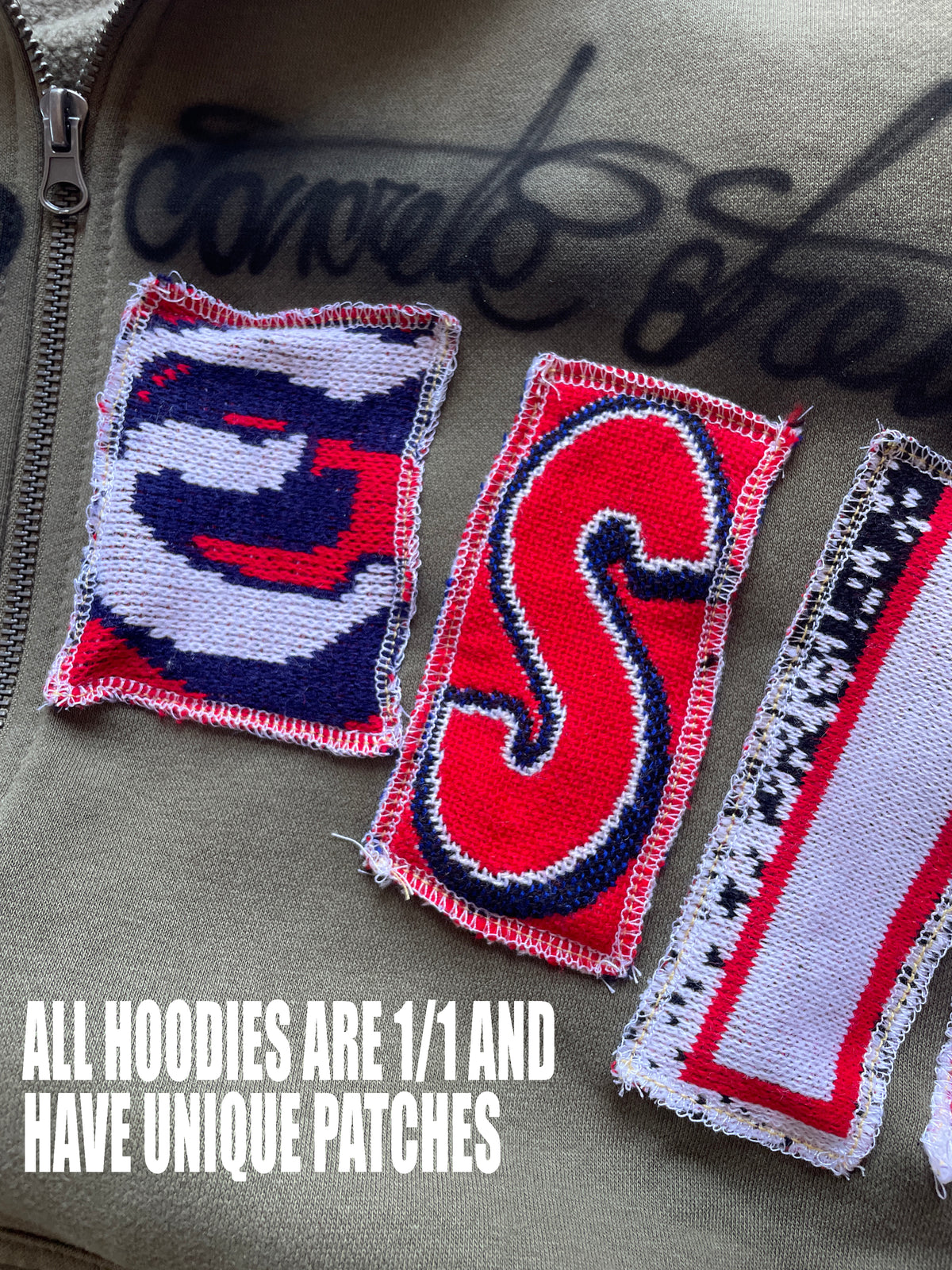 Khaki Letters zip patchwork hoodie