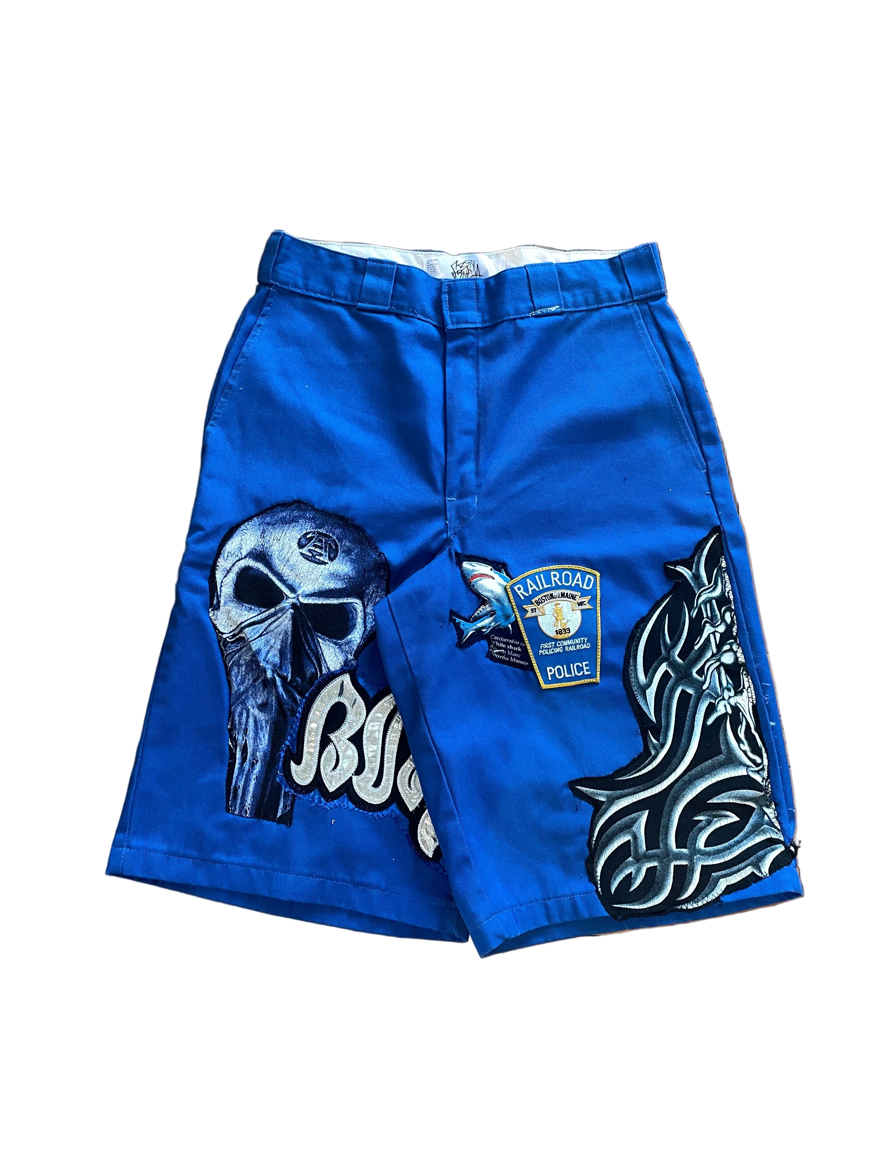 Blue skull patchwork shorts