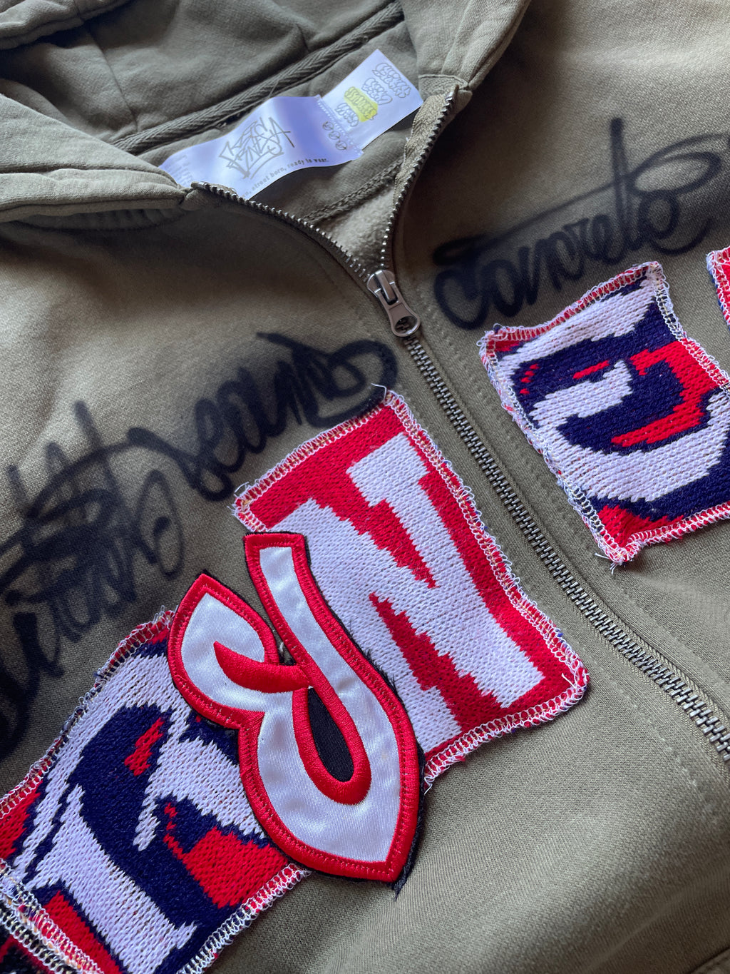 Khaki Letters zip patchwork hoodie