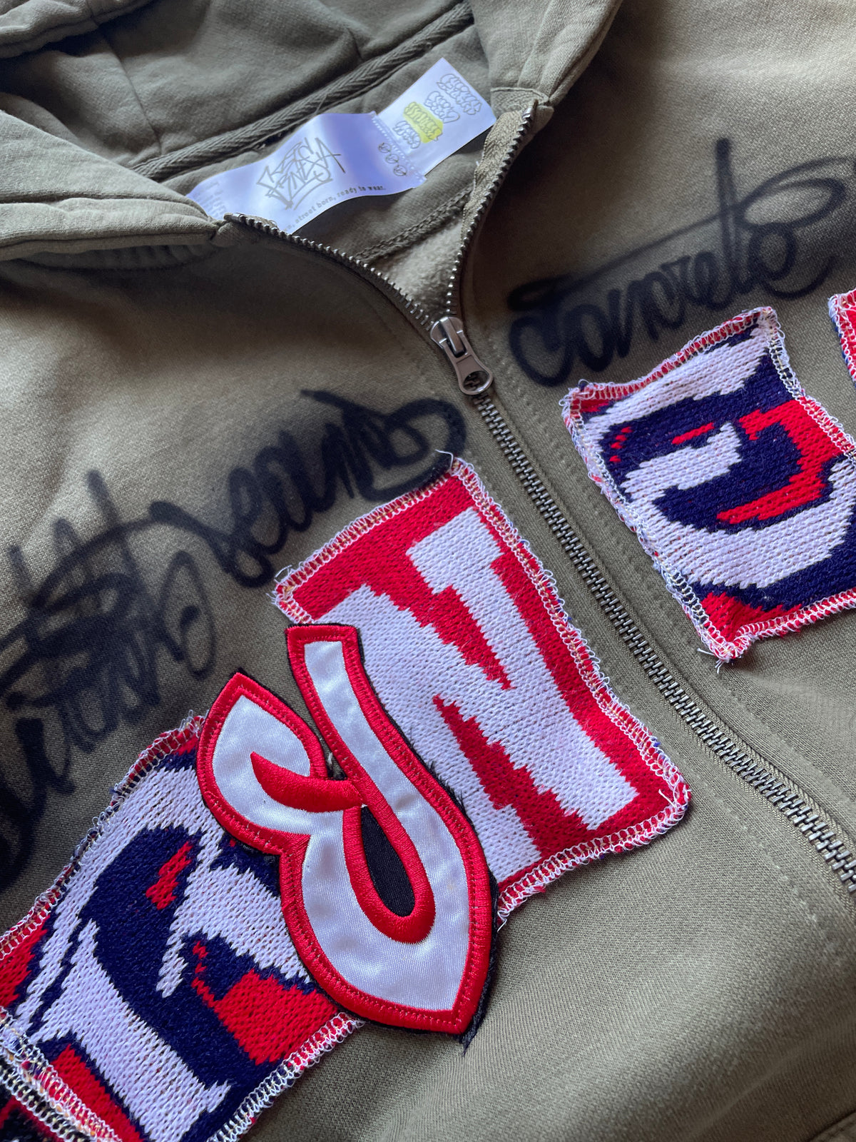 Khaki Letters zip patchwork hoodie