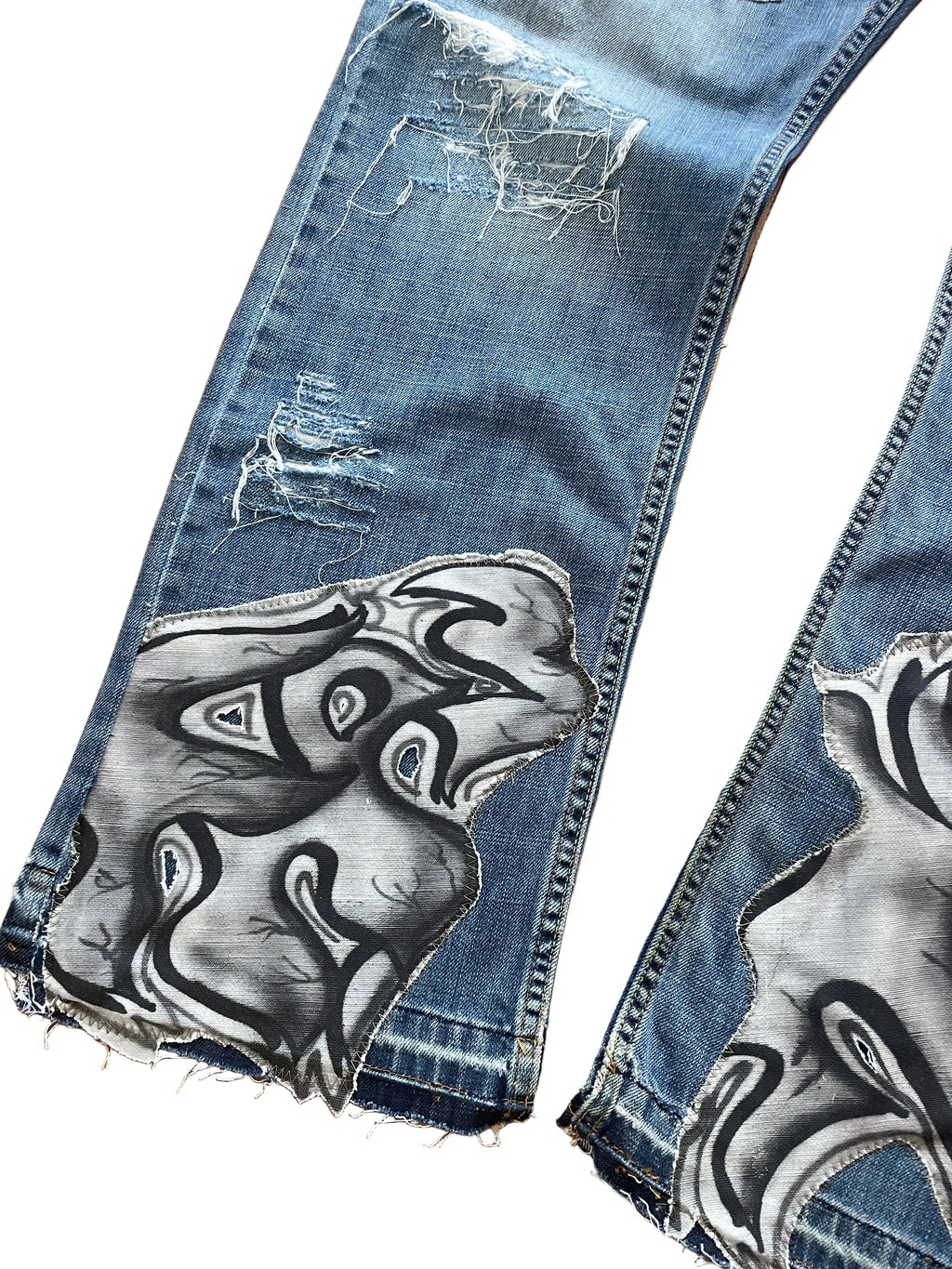 Patched graffiti distressed wide jeans