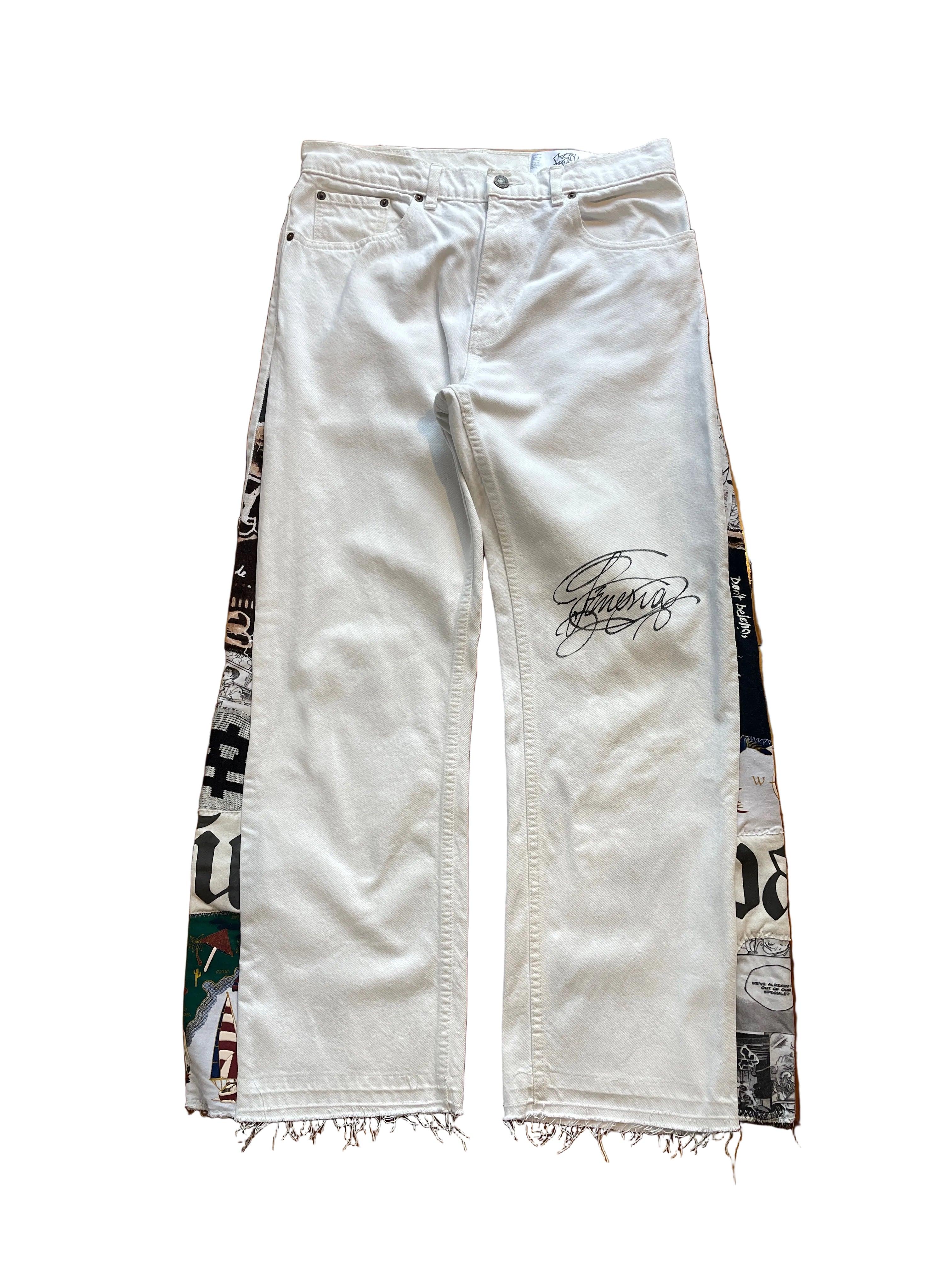 White calligraphy anime flare jeans