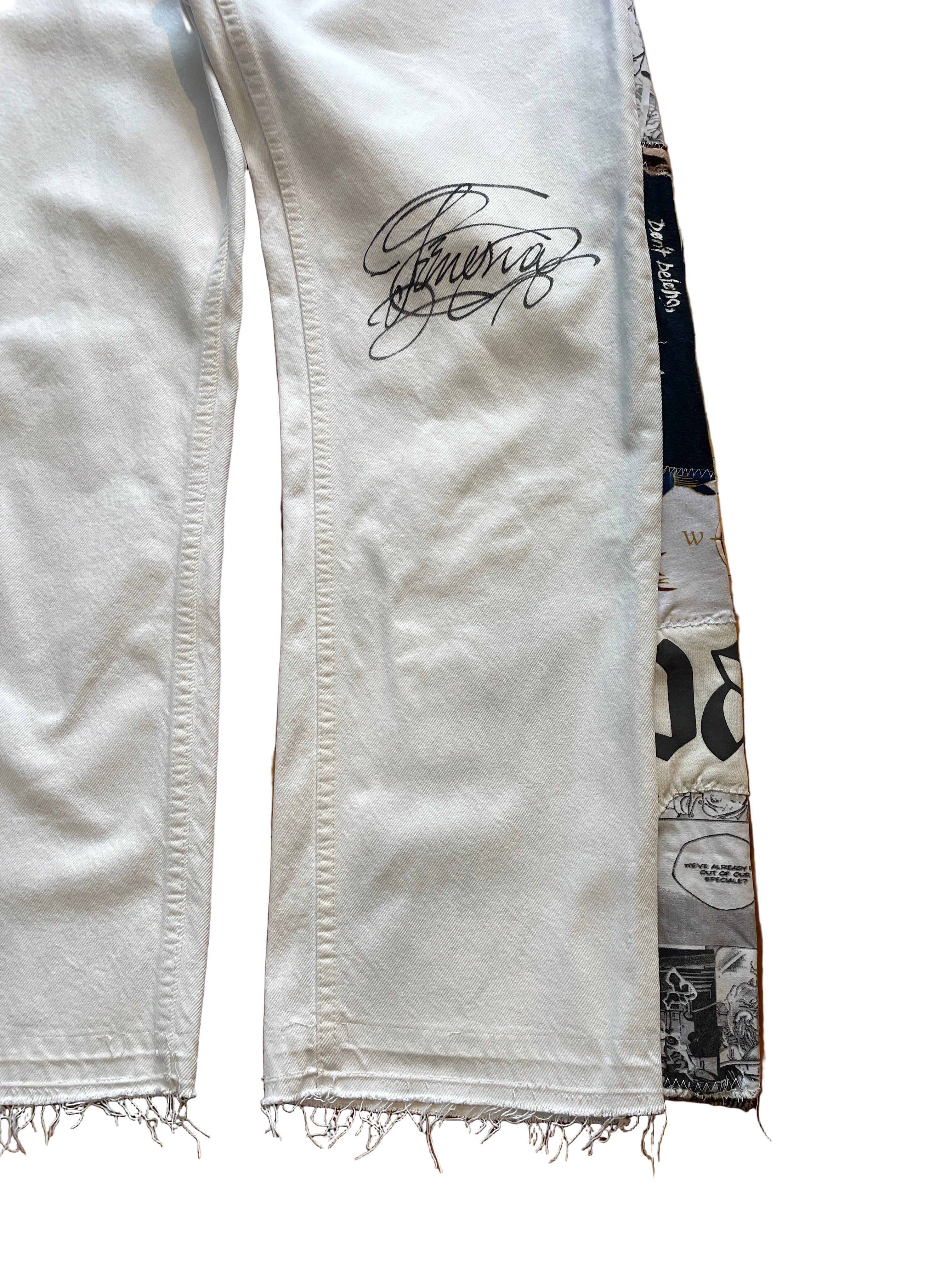 White calligraphy anime flare jeans