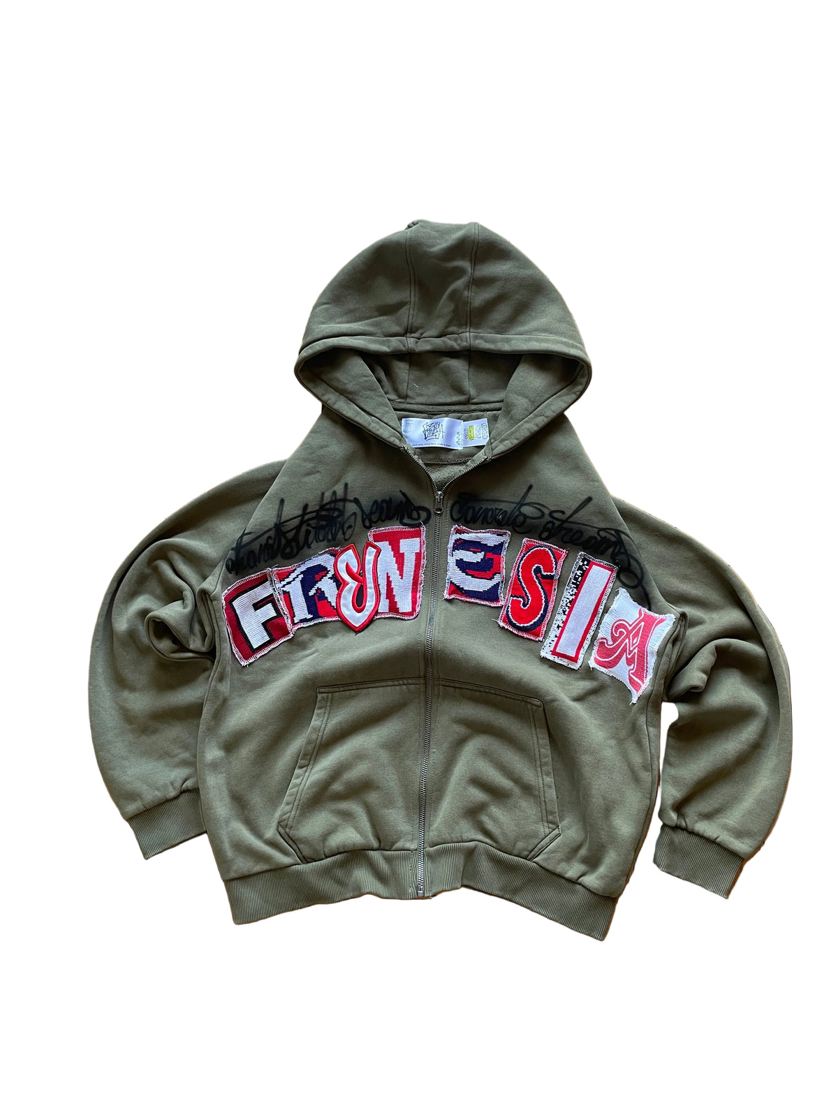 Khaki Letters zip patchwork hoodie