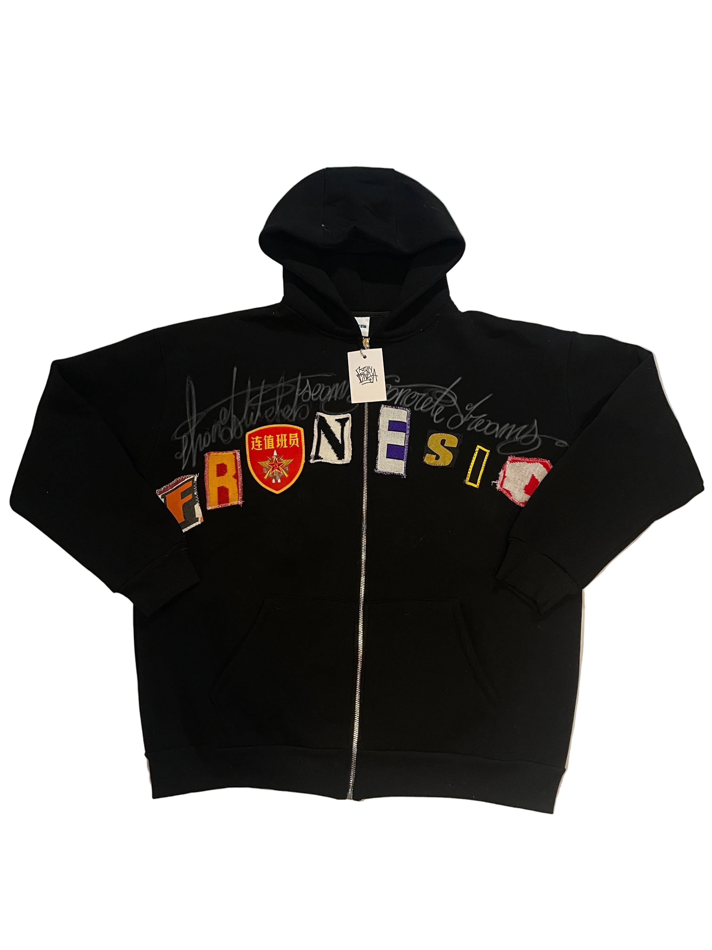Black letters zip patchwork hoodie