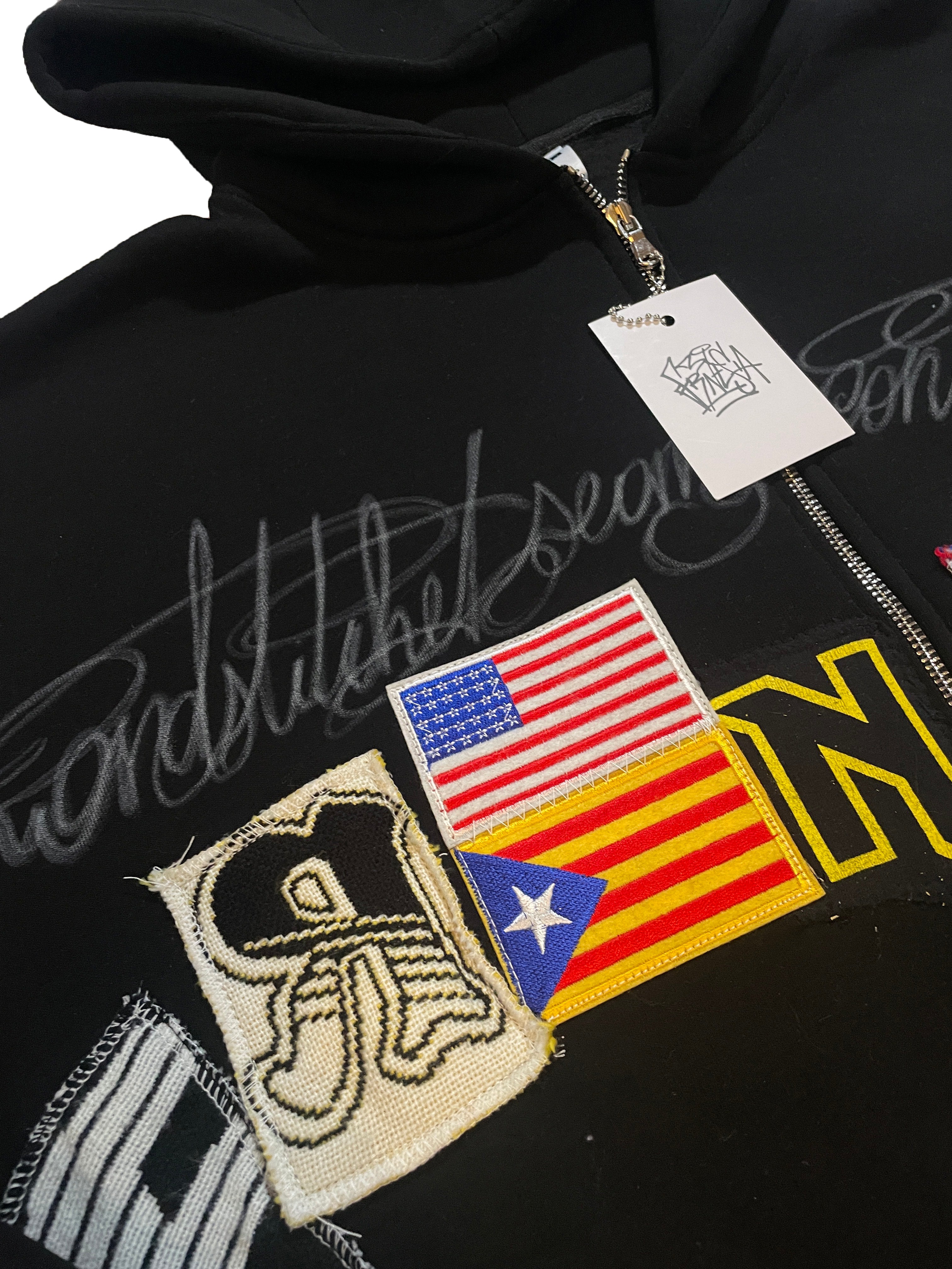 Black letters zip patchwork hoodie