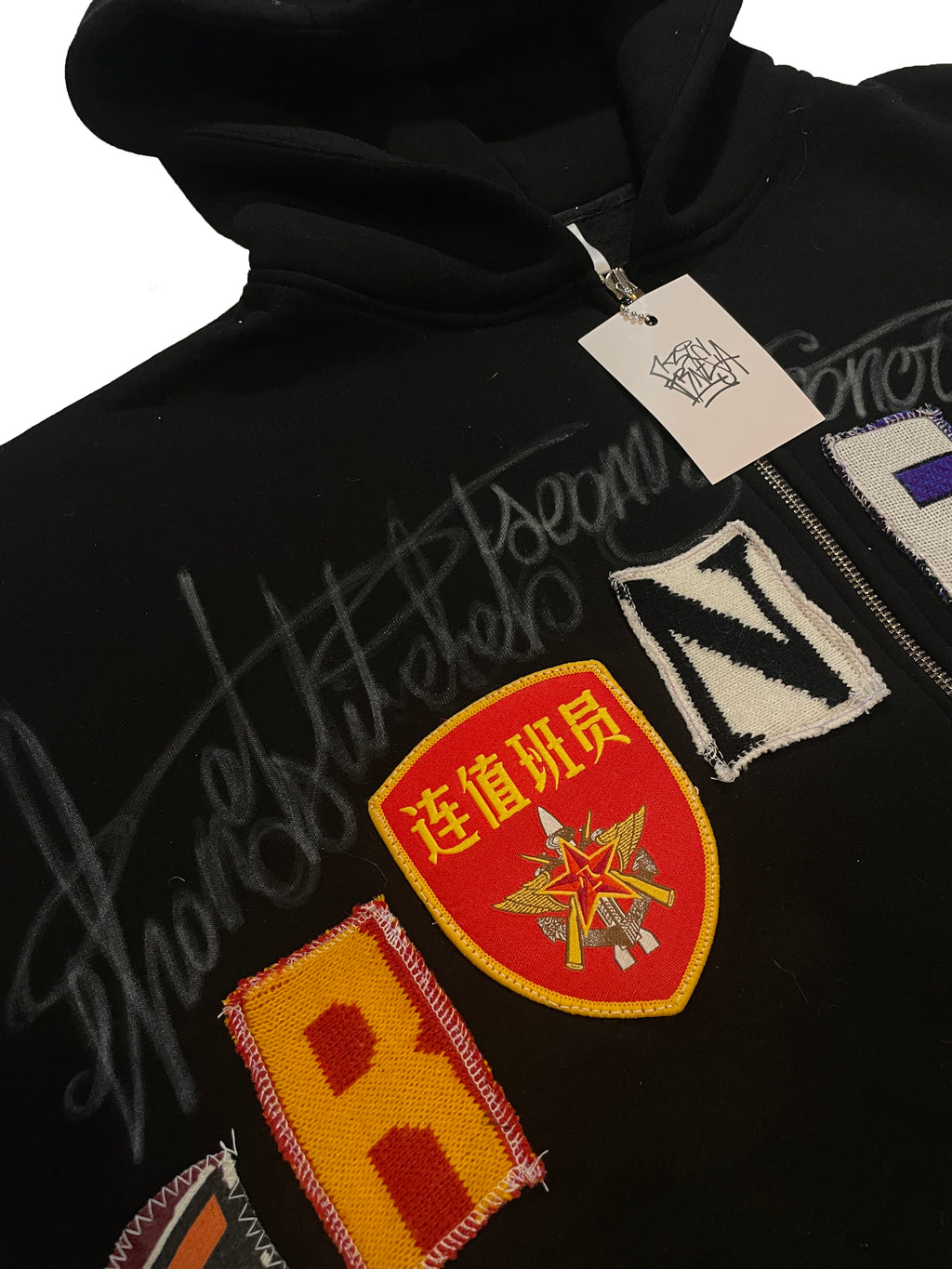 Black letters zip patchwork hoodie