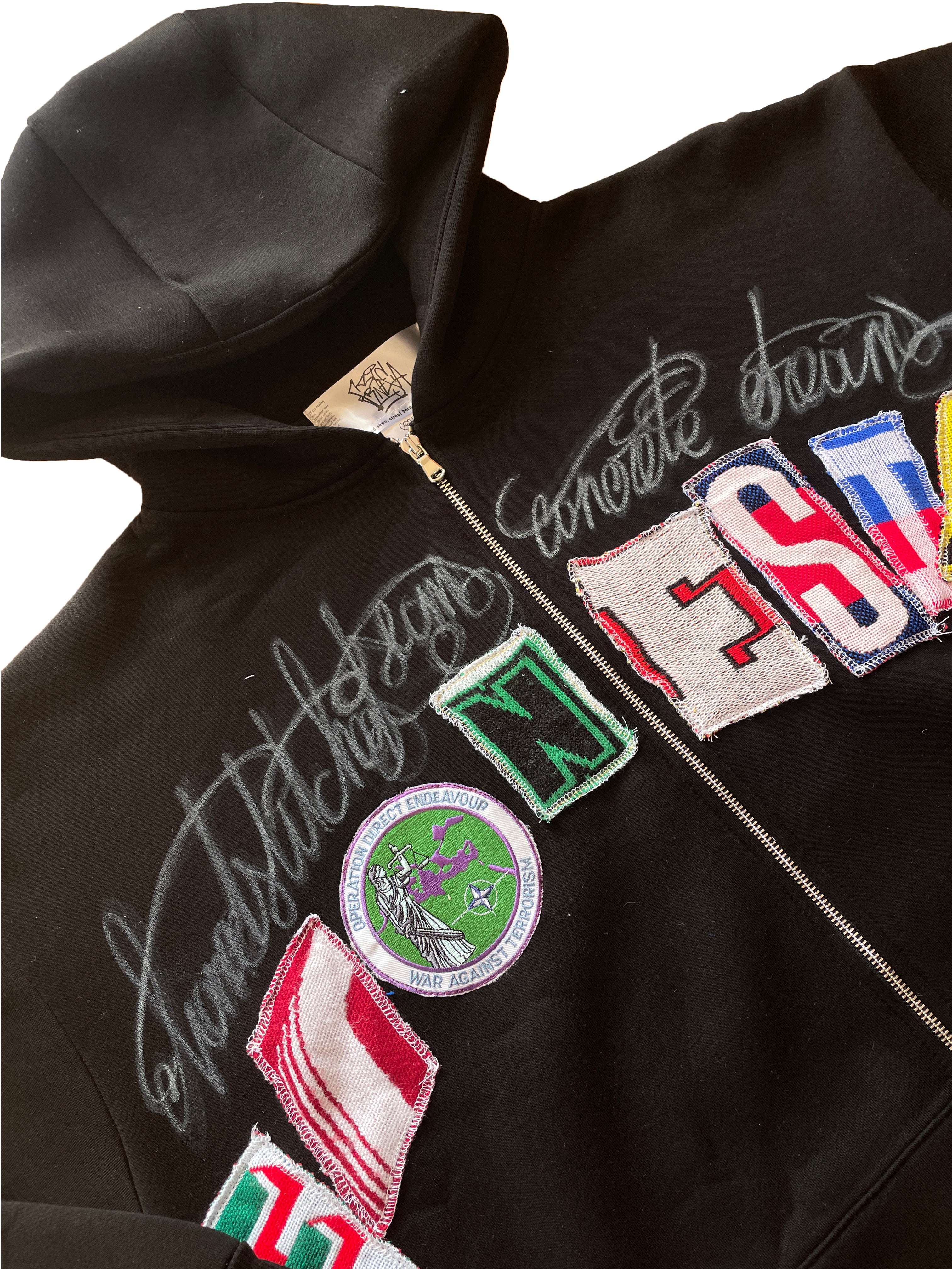 Black letters zip patchwork hoodie