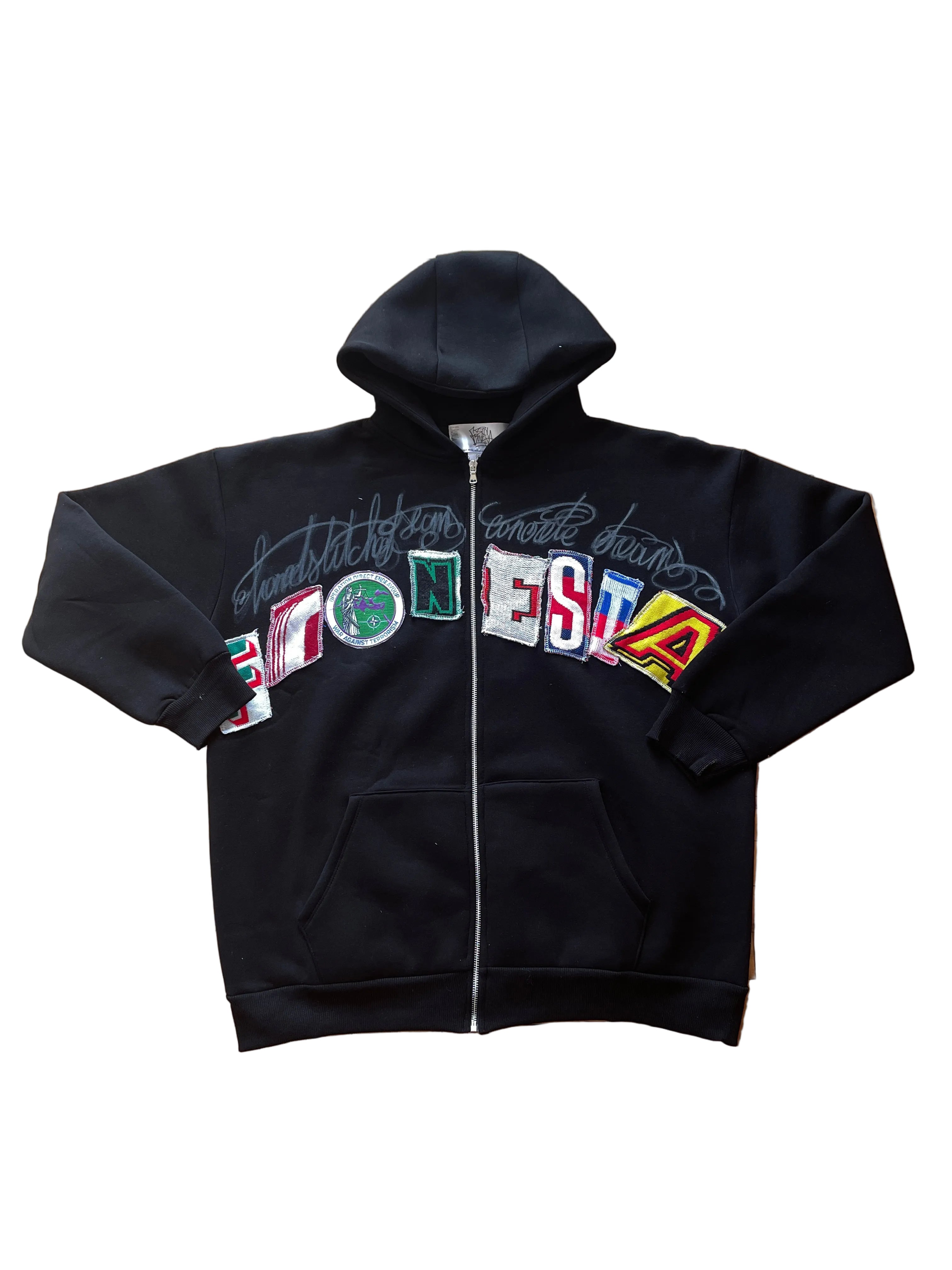Black letters zip patchwork hoodie