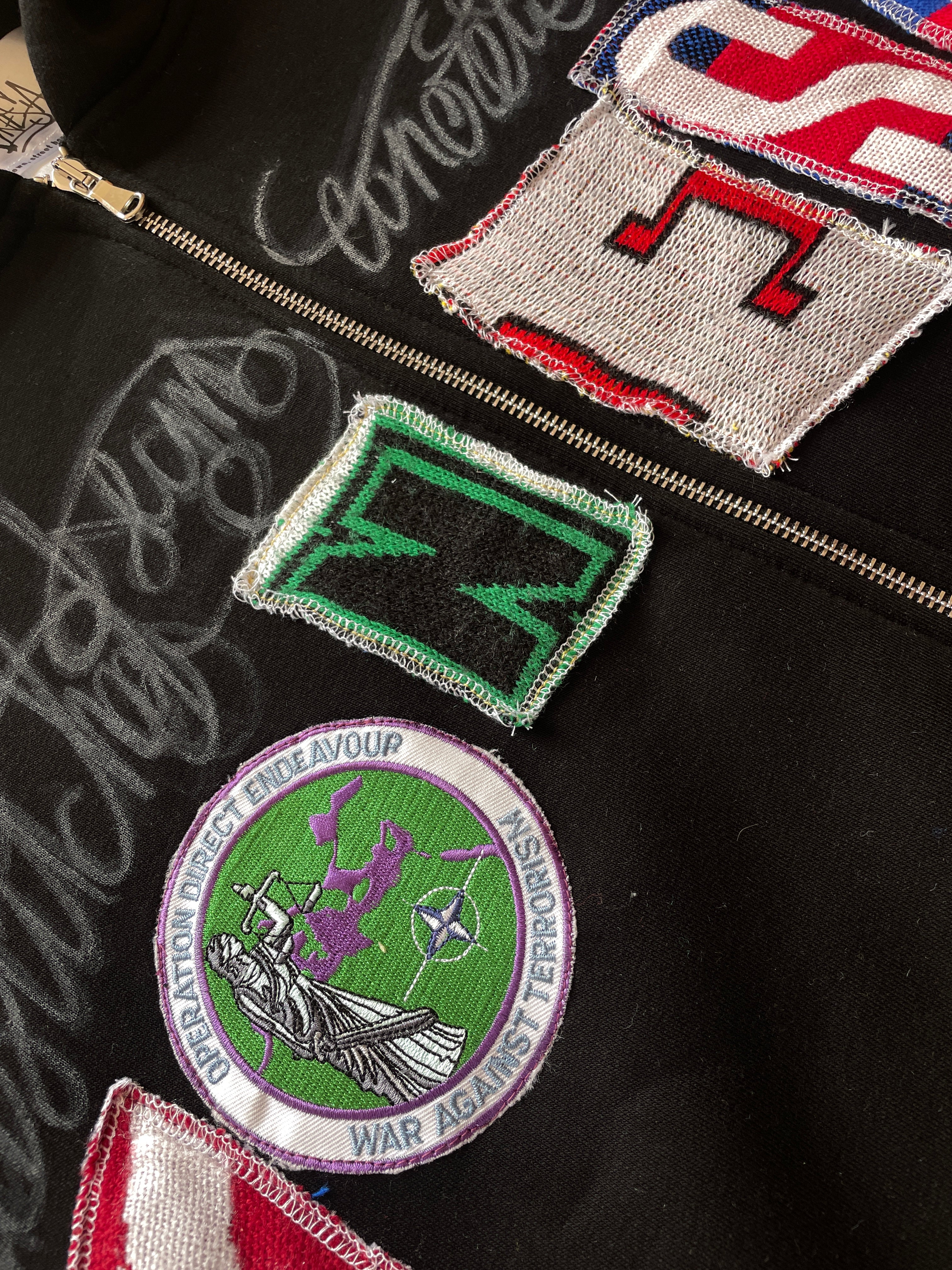 Black letters zip patchwork hoodie