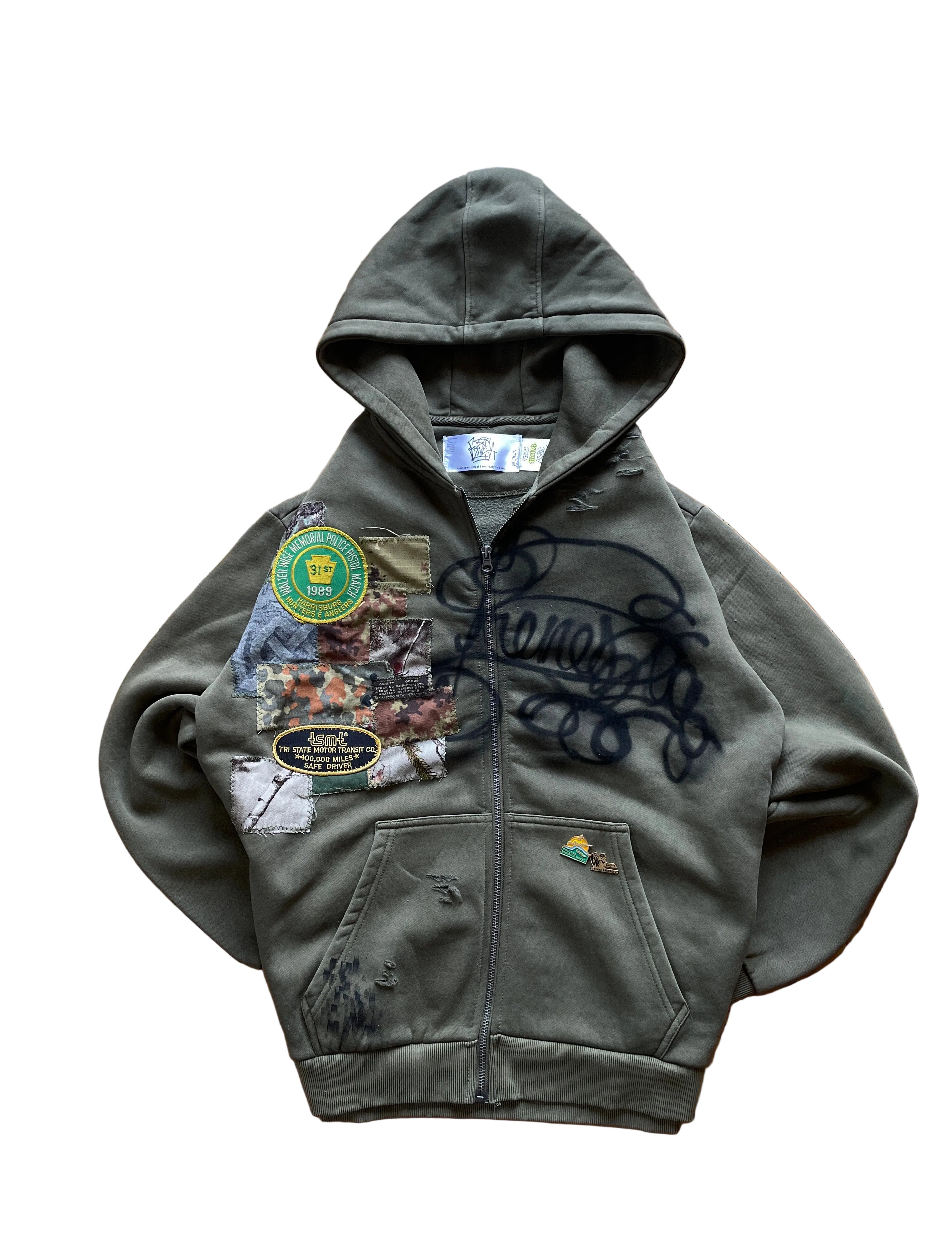 Military patches distress zip hoodie