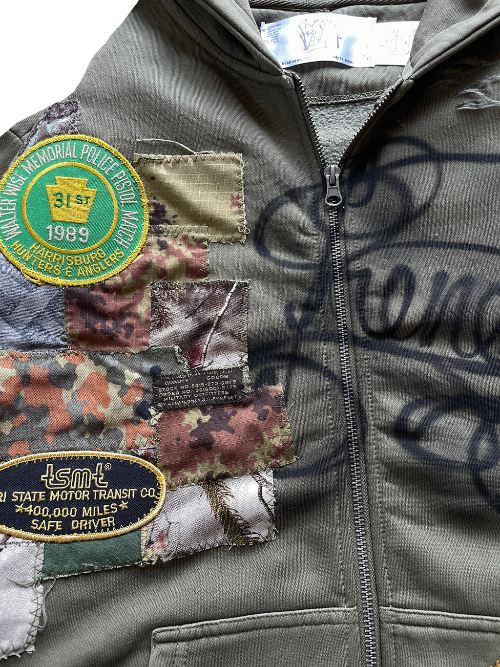 Military patches distress zip hoodie